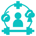 Icon of a person flanked by health cross symbols and a dumbbell bar, representing wellness support
