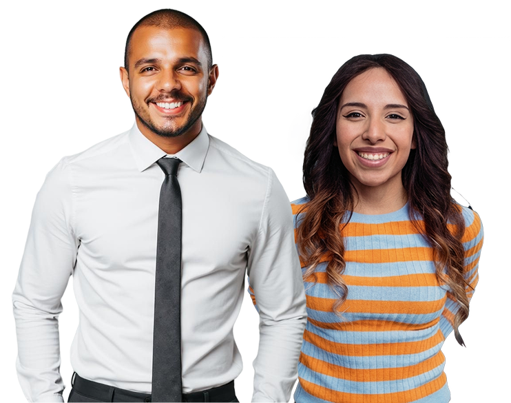 Photo of a smiling man in a dress shirt and tie next to a smiling woman in an orange and blue striped sweater